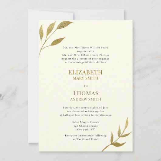 Traditionele elegante ivoor en gouden bruiloft kaart (Voorkant)