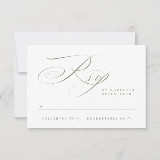 Traditionele Elegante Kalligrafie Sage Groene Brui RSVP Kaartje (Voorkant)