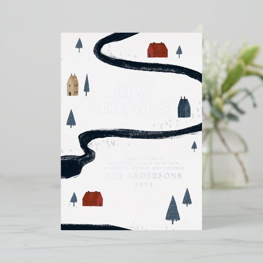 Traditionele elegante rustieke winter sneeuw Kerst Folie Feestdagenkaart (Staand Voorkant)