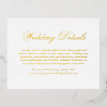 Traditionele Elegante Trouwruimte Kaart<br><div class="desc">Traditionele gouden folie trouwbehuizing met het woord "details" in een elegante kalligrafie. Gebruik deze omhullingskaarten om aanwijzingen en andere belangrijke trouwgegevens te geven die uw gasten wellicht moeten weten,  zoals hotelaccommodaties,  parkeren,  pendelinformatie,  enz. Deze klassieke verblijfskaart is perfect voor een officiële bruiloft.</div>