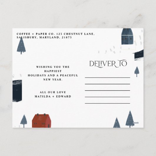 Traditionele elegante wintersneeuwkerst feestdagenkaart (Achterkant)