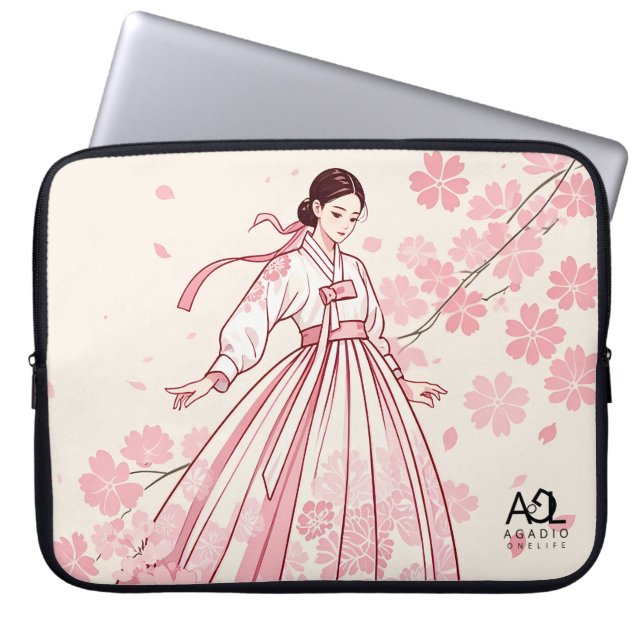 Traditionele elegantie: vrouw in bloemenpatroon Ha Laptop Sleeve (Voorkant)