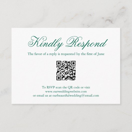 Traditionele Emerald Green formele QR-code bruilof RSVP Kaartje (Voorkant)