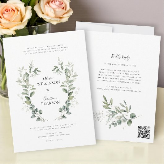 Traditionele eucalyptus groen Huwelijks QR Code Kaart