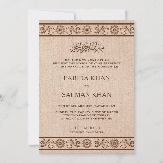 Traditionele Floral Border Burlap Moslim Bruiloft Kaart (Voorkant)