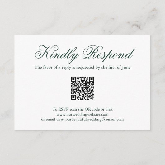 Traditionele Forest Green formele QR-code bruiloft RSVP Kaartje (Voorkant)