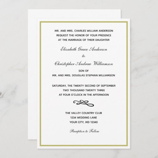 Traditionele formale gouden witte bruine bruiloft kaart (Voorkant / Achterkant)