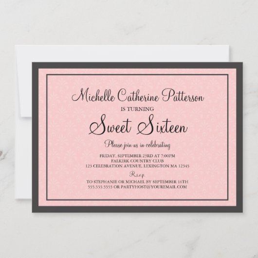 Traditionele formale roze en zwarte zweet zestien  kaart (Voorkant)
