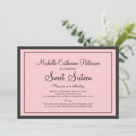 Traditionele formale roze en zwarte zweet zestien  kaart (Staand voorkant)