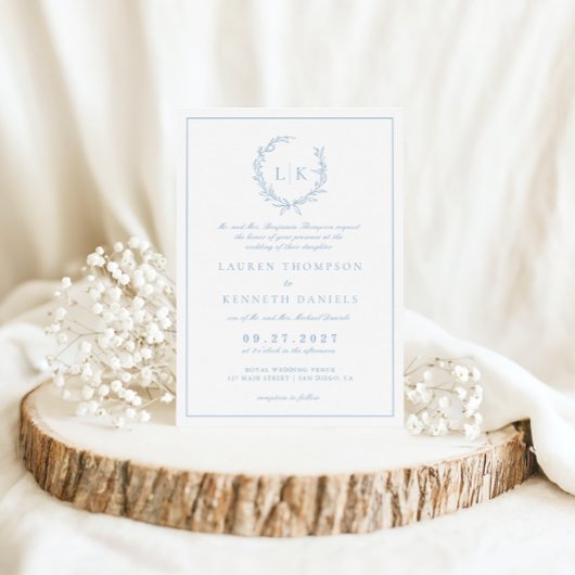 Traditionele formele Leaf Crest Dusty Blue Wedding Kaart