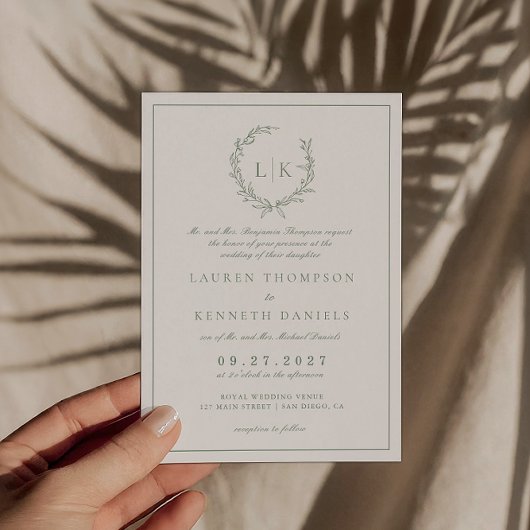 Traditionele formele Leaf Crest Sage Green Wedding Kaart