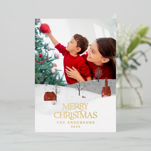 Traditionele foto elegante rustieke winter sneeuw  folie feestdagenkaart (Staand Voorkant)