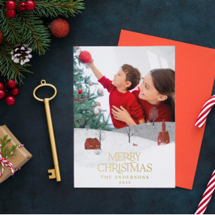 Traditionele foto-elegante wintersneeuwkie folie feestdagen briefkaart