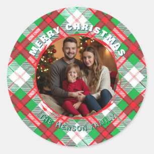 Traditionele gepersonaliseerde gezinsfoto plaid ronde sticker