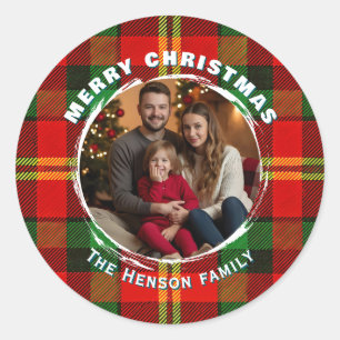 Traditionele gepersonaliseerde gezinsfoto plaid ronde sticker