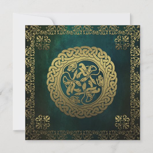 Traditionele getextureerde groene en gouden bruilo kaart (Achterkant)