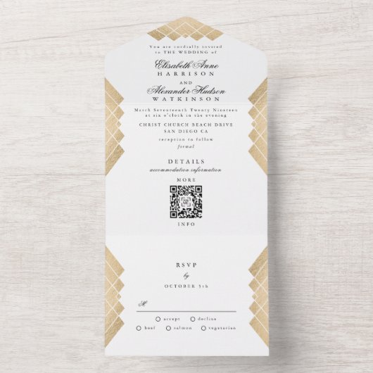 Traditionele goudpiramide Geometrische QR-code Wed All In One Uitnodiging (Binnen)