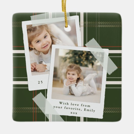 Traditionele Green Plaid 2 Foto Keepsake Kerstmis Keramisch Ornament (Voorkant)