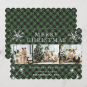 Traditionele Green Plaid Snowflake 3 Fotocollage Feestdagenkaart (Voorkant / Achterkant)