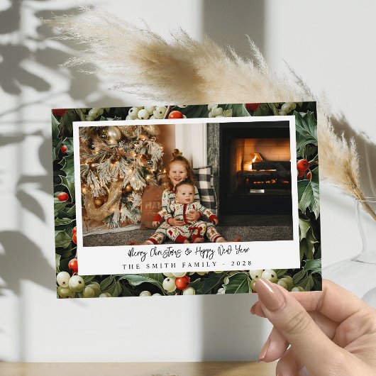 Traditionele groene Holly vakantiefoto Bedankkaart