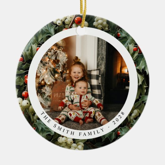 Traditionele groene Holly vakantiefoto Keramisch Ornament (Voorkant)