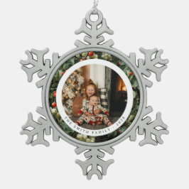 Traditionele groene Holly vakantiefoto Tin Sneeuwvlok Ornament