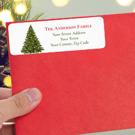 Traditionele groene kerstboom rode bogen naam etiket