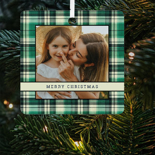 Traditionele groene ruit 2 foto kerstboom metalen ornament