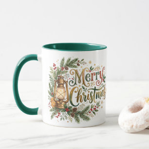Traditionele handlettering Kerstlantaarn Mok