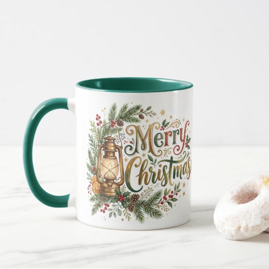 Traditionele handlettering Kerstlantaarn Mok (Met donut)
