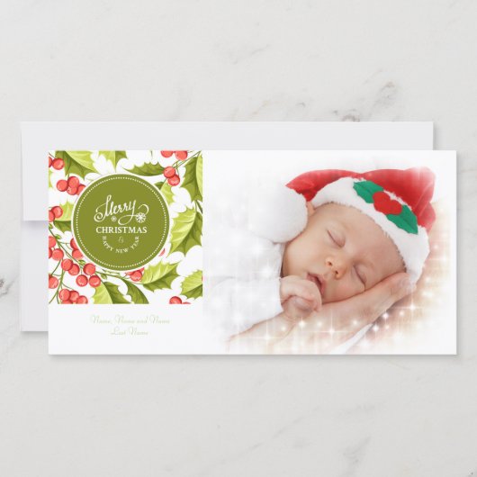 Traditionele 'Holly Design Merry-kerstfoto' Feestdagenkaart (Voorkant)