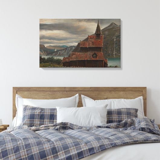 Traditionele houten staafkerk in Noorwegen Canvas Afdruk (Insitu (Slaapkamer))