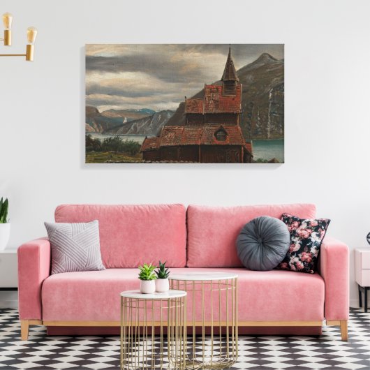 Traditionele houten staafkerk in Noorwegen Canvas Afdruk (Insitu (Woonkamer))
