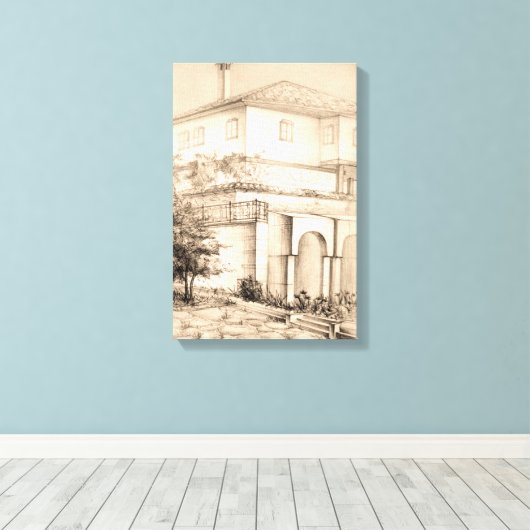 Traditionele huisarchitectuur schets tekening kuns canvas afdruk (Insitu (Houten vloer))