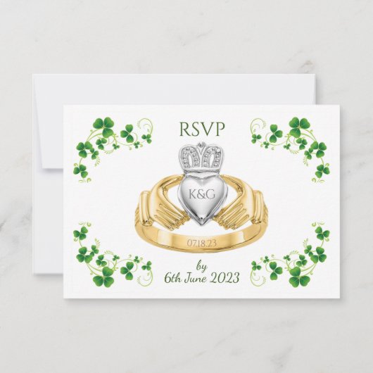 Traditionele Ierse Claddagh-ring en klavers RSVP Kaartje (Achterkant)
