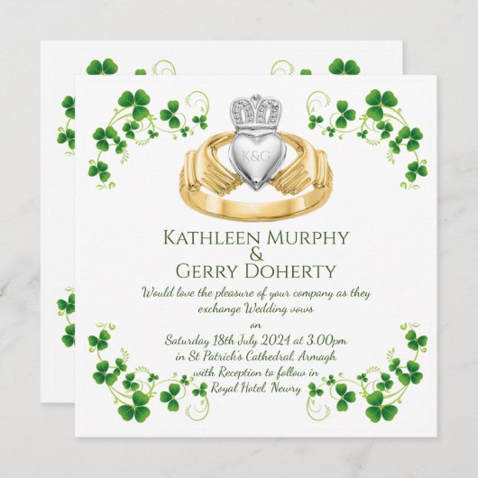 Traditionele Ierse Claddagh Ring en Shamrocks Kaart (Voorkant / Achterkant)