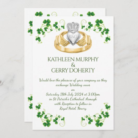 Traditionele Ierse Claddagh Ring en Shamrocks Kaart (Voorkant / Achterkant)