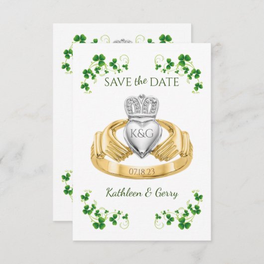 Traditionele Ierse Claddagh Ring en Shamrocks Save The Date (Voorkant / Achterkant)