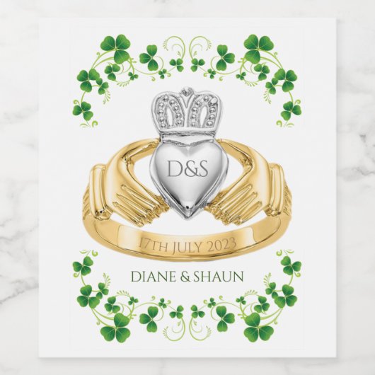 Traditionele Ierse Claddagh Ring en Shamrocks Wine Wijn Etiket (Enkel label)