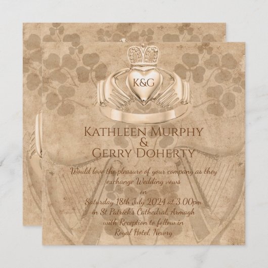 Traditionele Ierse Claddagh Ring Shamrock & Harp Kaart (Voorkant / Achterkant)