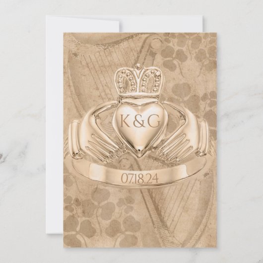 Traditionele Ierse Claddagh Ring, Shamrock & Harp Kaart (Achterkant)