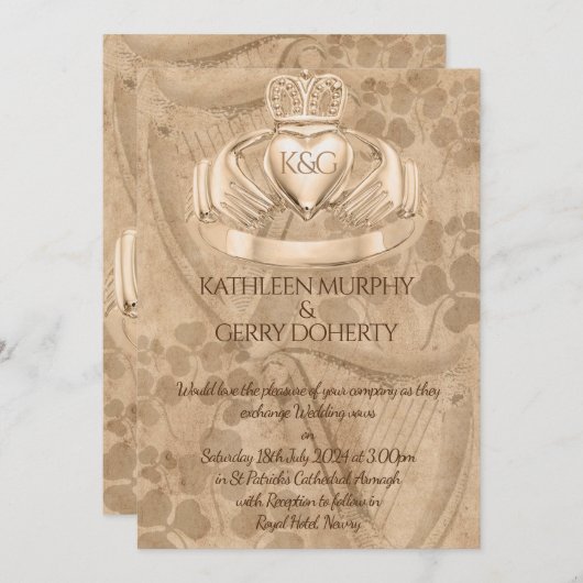 Traditionele Ierse Claddagh Ring, Shamrock & Harp Kaart (Voorkant / Achterkant)