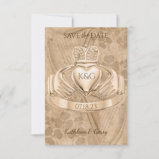 Traditionele Ierse Claddagh Ring Shamrock & Harp Save The Date (Voorkant)