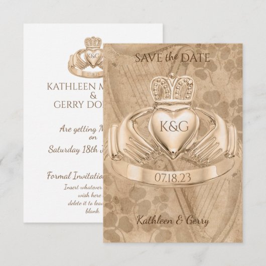 Traditionele Ierse Claddagh Ring Shamrock & Harp Save The Date (Voorkant / Achterkant)