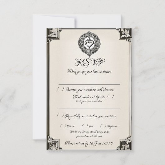 Traditionele Ierse Keltische Knoop & Claddagh Ring RSVP Kaartje (Voorkant)
