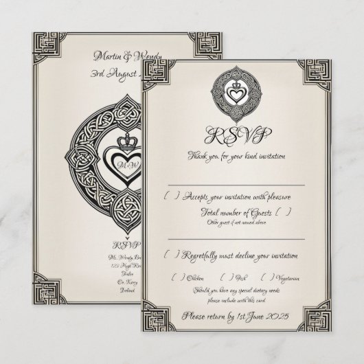 Traditionele Ierse Keltische Knoop & Claddagh Ring RSVP Kaartje (Voorkant / Achterkant)