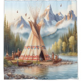 Traditionele Indiaanse tipi Natuur scène Digi Douchegordijn (Voorkant)