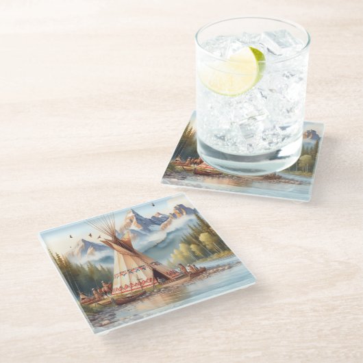 Traditionele Indiaanse tipi Natuur scène Digi Glazen Onderzetter (Schuin)