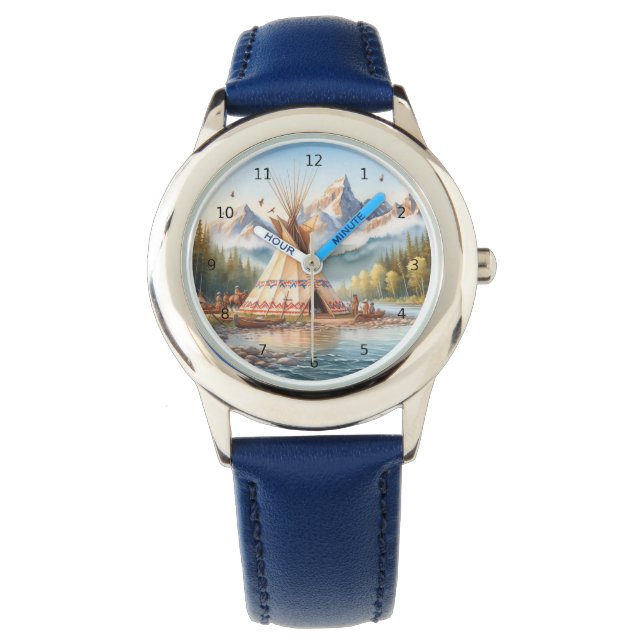 Traditionele Indiaanse tipi Natuur scène Digi Horloge (Voorkant)