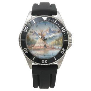 Traditionele Indiaanse tipi Natuur scène Digi Horloge